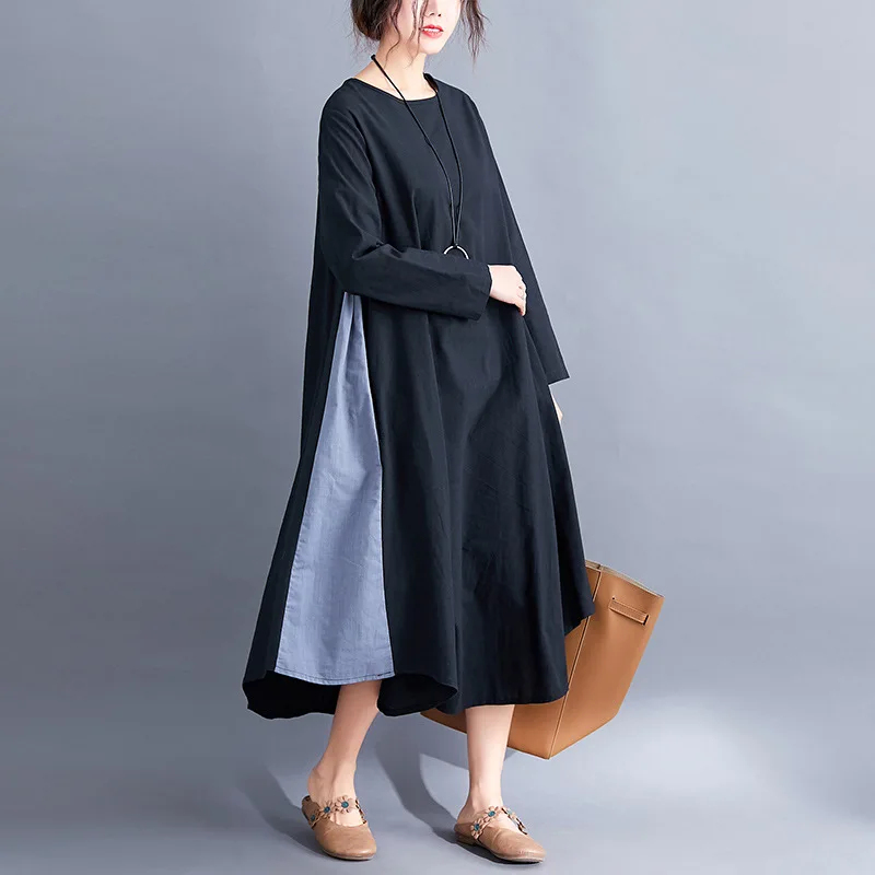 

Johnature 2019 New Autumn Casual Loose Korean Dress For Women O-neck Full Sleeve Patchwork A-line Female Dress Black