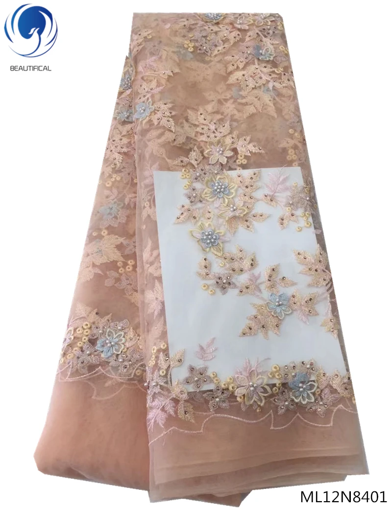 

Beautifical african french net lace fabrics 2019 african tulle fabrics with rhinestones french lace for women 5yards/lot ML12N84