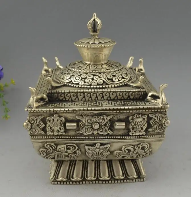 

China Miao Silver carved eight treasures censer dragon incense burner Statue