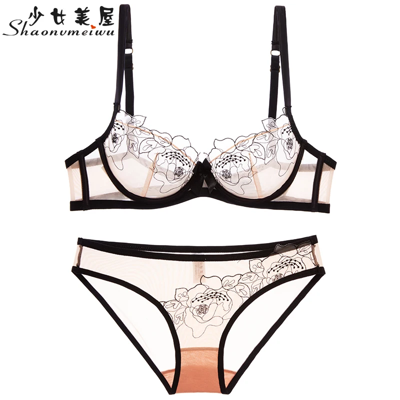  Shaonvmeiwu Ultra-thin gauze sexy embroidery lace bra lingerie suit comfortable perspective breatha