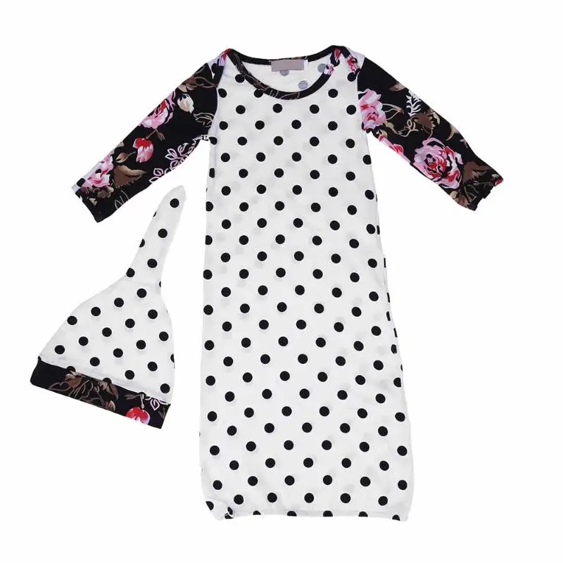 

Baby Summer Autumn Sleepwear with Hat Dot Flower Printed Long Sleeves Anti-kick Sleep Sacks Baby Infant Robes + Cap for 0-18M