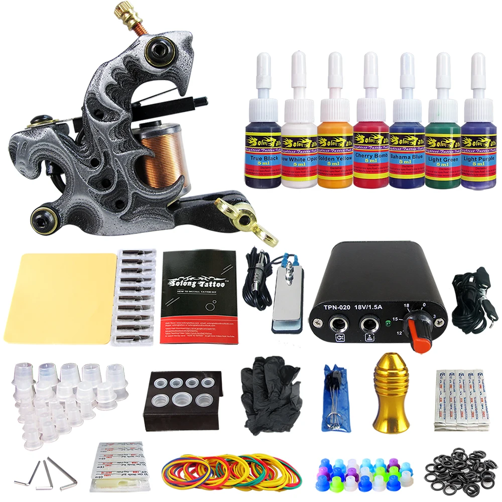 

Solong Tattoo Complete Beginner Tattoo Kit 1 machine Gun 7 Color Inks Power Supply Grips Foot Petal Needles Set TK105-57