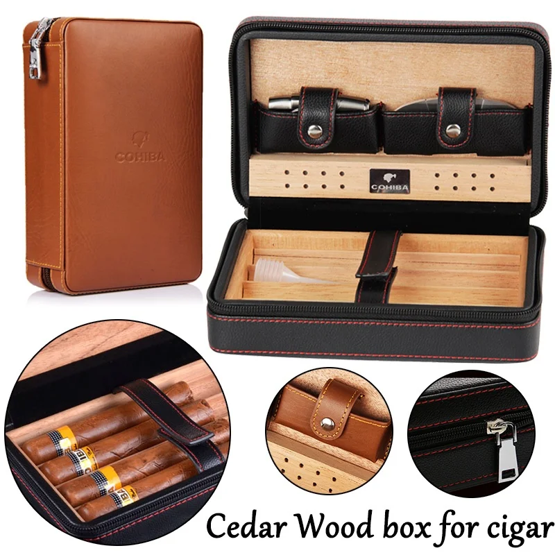 

1set COHIBA Cigar Cedarwood Storage Box with Cigar Cutter Genuine Leather Cover Cigar Cedar wood Humidor Travel Kits Case