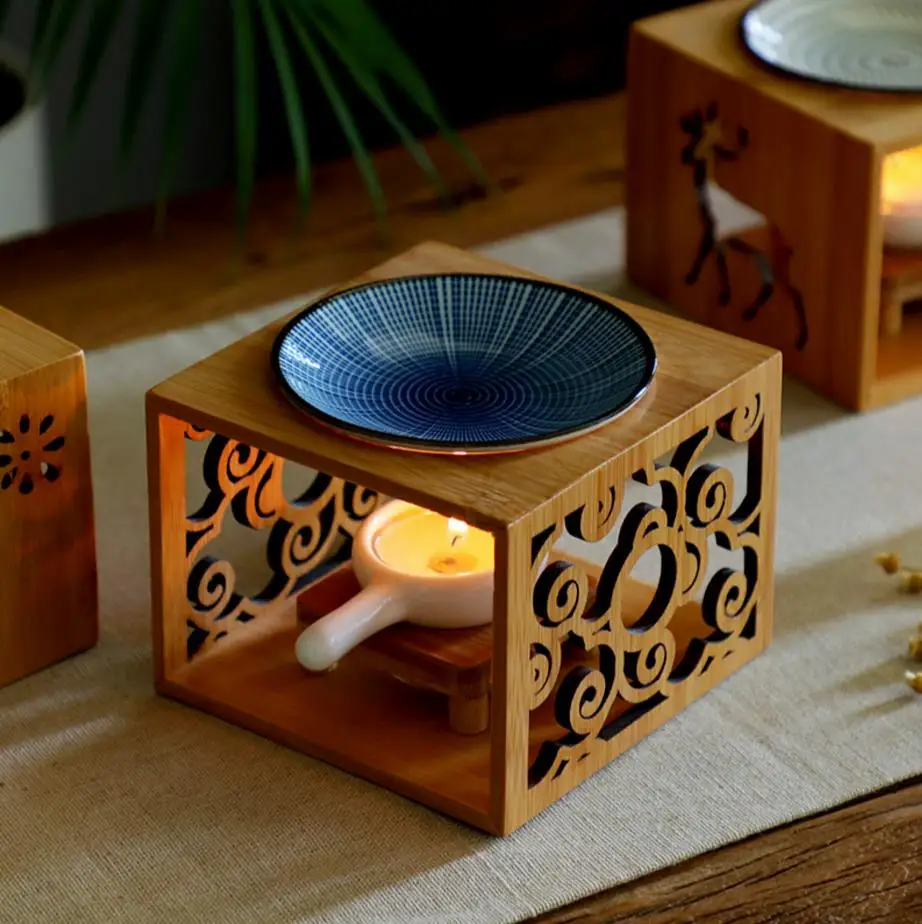 Bamboo Wood Hollow Fragrance Lamp Oil Furnace Aroma Burner Candle Holder Candlestick Vase Romantic Crafts Gifts Home Decoration