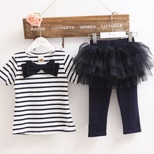 Kid Girl Stripe Bow Top T shirt Tutu Skirt Leggings Culottes 2 pcs Outfit Sets