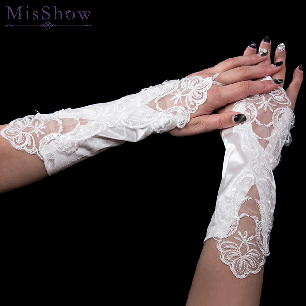 In Stock New Elbow Length Bridal Gloves Fingerless Lace Satin Wedding