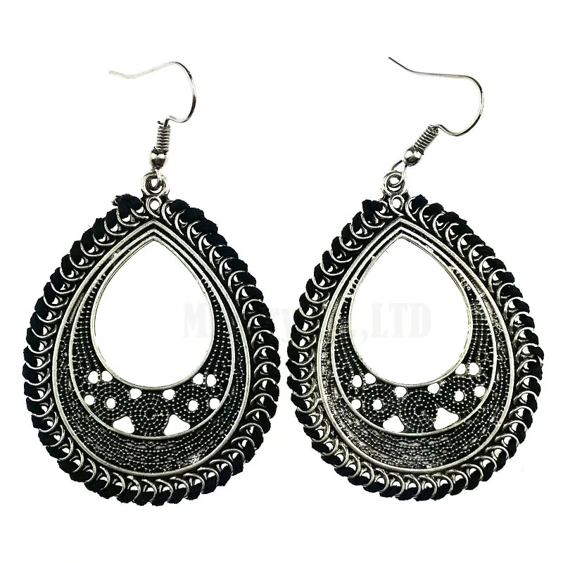 

6.5cm Antique Silver 5 Color String Braided Big Water Drop Vintage Long Earrings For Women Jewelry Jewellery African Earings