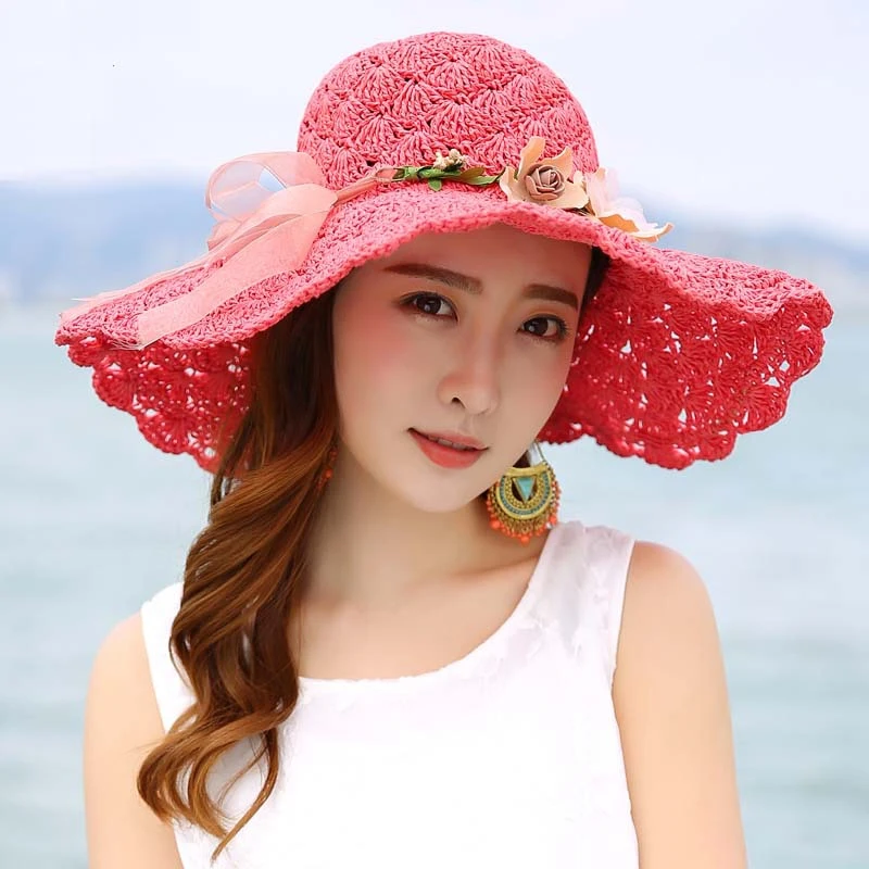 HT1683, корейский стиль, летние шляпы для женщин, цветочная гирлянда с широкими полями, Пляжная шапка, шляпа, упаковываемая крючком, широкополая шляпа от солнца, женская соломенная шляпа