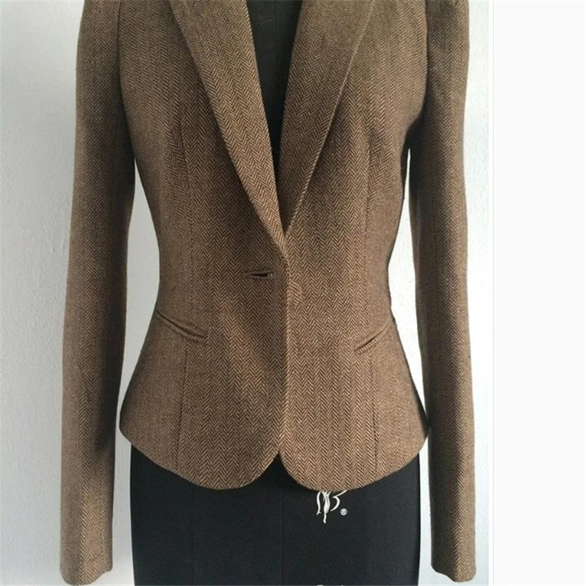 80% OFF SHOWERSMILE Ladies Blazers British Style Womens Tweed Jacket Herringbone Woolen Vintage Coffee Spring Women Blazers And Jackets