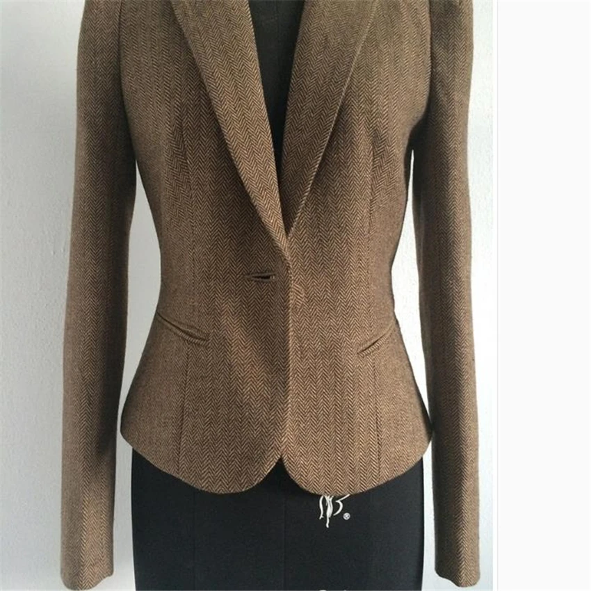 Seller SHOWERSMILE Ladies Blazers British Style Womens Tweed Jacket Herringbone Woolen Vintage Coffee Spring Women Blazers And Jackets