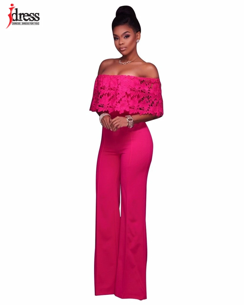 IDress Lace Crochet Rompers Women Jumpsuit Sexy Strapless Bodycon Jumpsuit Wide Leg Black White Yellow Long Pant Romper Overalls (4)