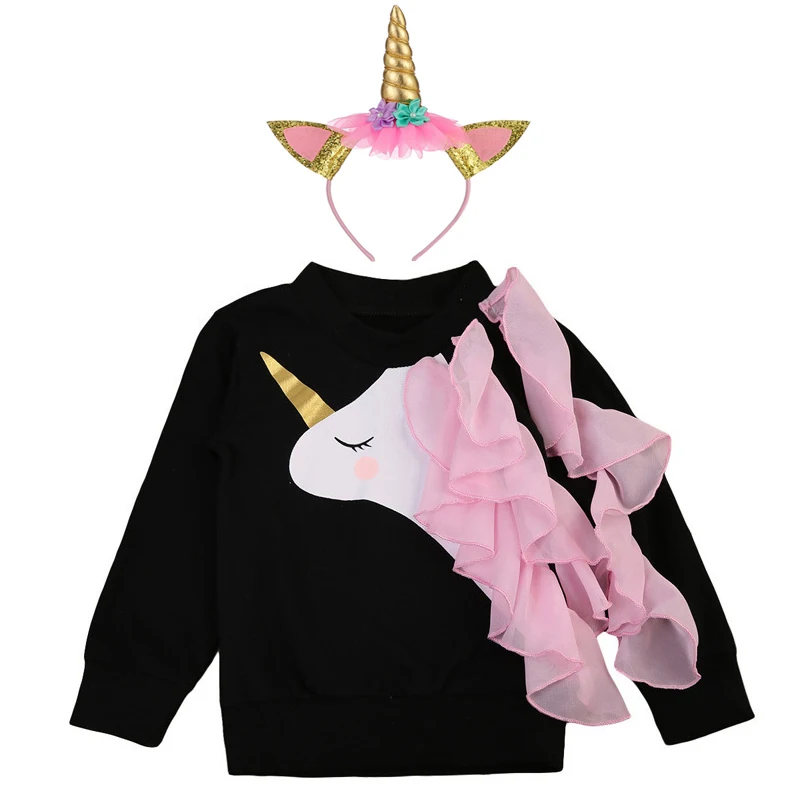 

Baby girls Sweatshirt toddler girl winter clothes Cartoon unicorn tops Long sleeve t-shirt+Headband Princess pink Kids clothing