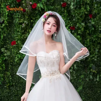 

Two-Layer Short Wedding Veils Simple Ivory Tulle Ribbon Edge Bridal Veils Elbow Length Cheap Veil akcesoria slubne V108