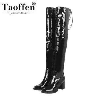 

Taoffen Sexy Patent Leather Over The Knee Boots Women Zipper Thick Heels Long Boots Winter Warm Thigh High Boots Size 33-48