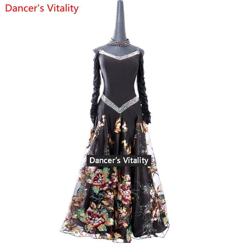 2018 Для женщин леди изготовление под заказ черный конкурс производительность Стандартный бальных танцев юбки печати платье для вальс