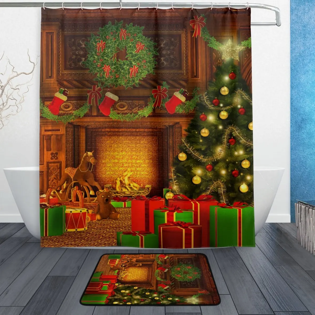 Christmas Tree Shower Curtain and Mat Set, Vintage Retro Room Happy New