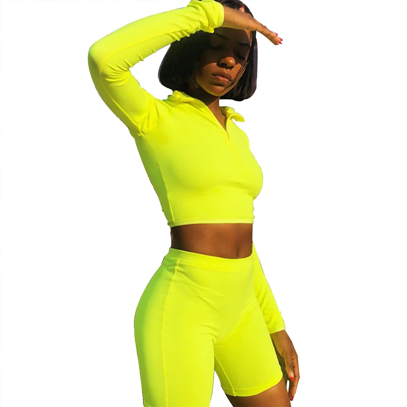 

long sleeve zipper high neck elastic sexy crop tops shorts 2-pieces 2019 summer autumn women fashion casual sports sets lf69-1