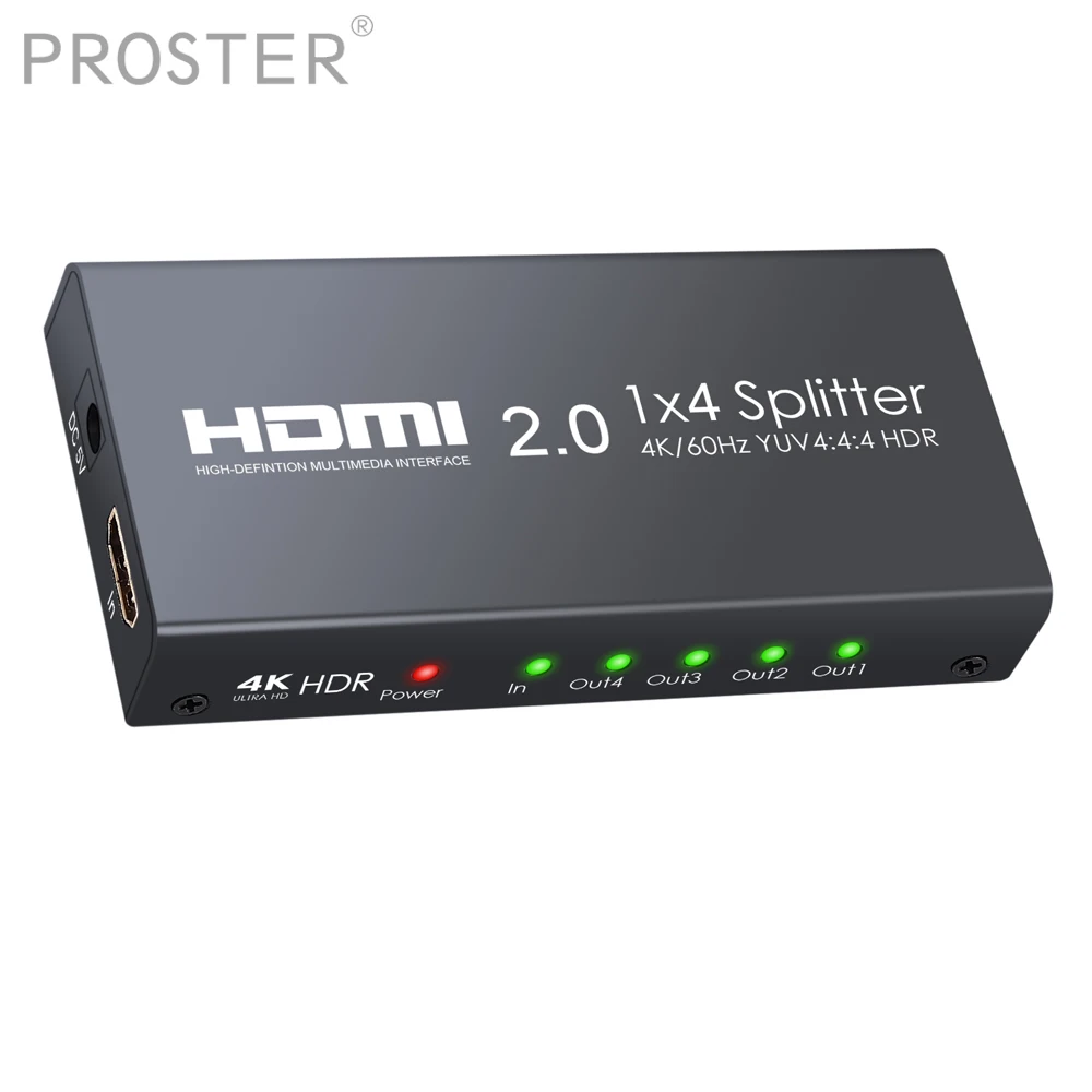 

Proster 1 in 4 out HDMI 2.0 Splitter Support 4K/60Hz YUV 4:4:4 HDR 4 Way HDMI Splitter HDMI Distribution Amplifier for PS4 Xbox
