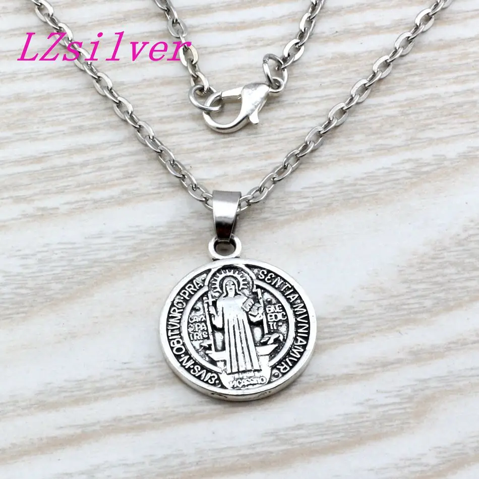 

30pcs Saint St Benedict of Nursia Patron Against Evil Medal Antique Silver Religious Pendant Necklaces 20inches Chains 21x30.5mm