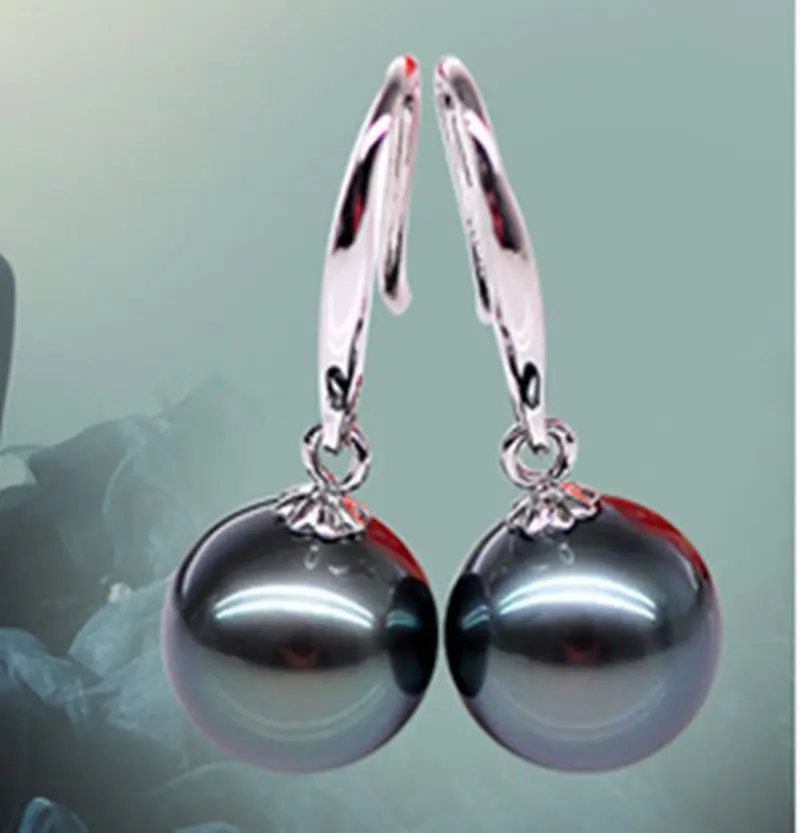 

wb003 10mm Genuine Black South Sea Shell Pearl Sterling Silver Dangle Earrings AAA
