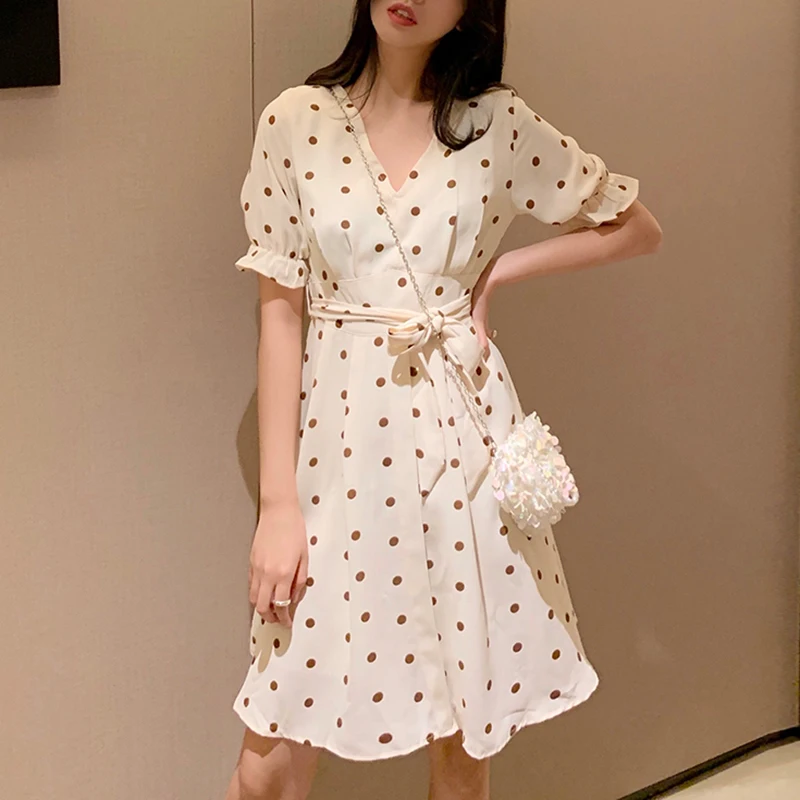 

Casual Polka Dot Vintage Dress Women Grace V-neck Chic Korean Style Belt Women's Dresses Ladies Short Sleeve Elegant Robe Femme