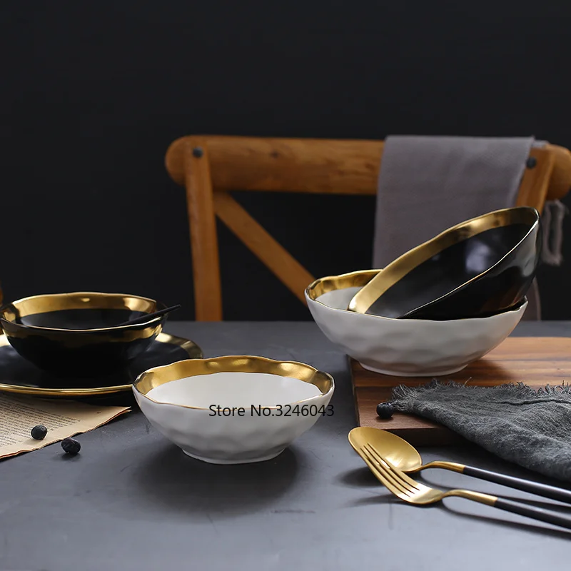 

1/pcs European black gold white gold ceramic bowl Home Dessert Breakfast Rice Bowls Soup bowl western restaurant salad bowls