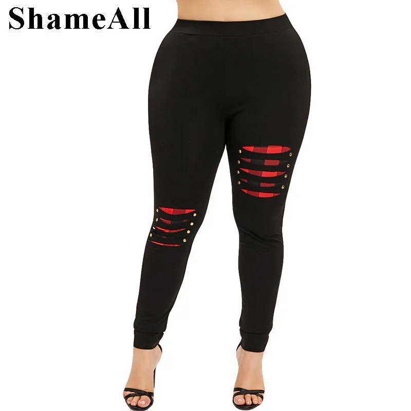 

Plus Size 5XL Ripped Hole Hollow Out Plaid Jeggings Women High Waist Elasticity Leggings Skinny Black Fitness Legging Pants