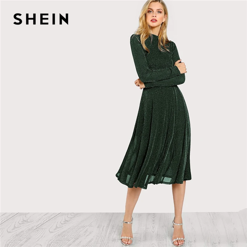 

SHEIN Green Elegant Party Mock Neck Glitter Button Fit And Flare Solid Natural Waist Dress 2018 Autumn Minimalist Women Dresses