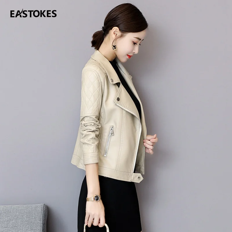 Women Leather Turn down Collar Jackets Ladies Leather Slim Cut Leather