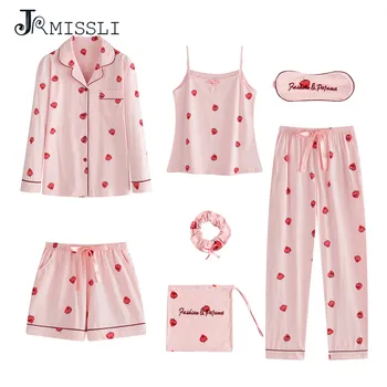 

JRMISSLI Autumn Strawberry Print 7 Pieces Set Cotton Elegant Women Pajamas Full Long Sleeve Top Elastic Waist Pants Lounge