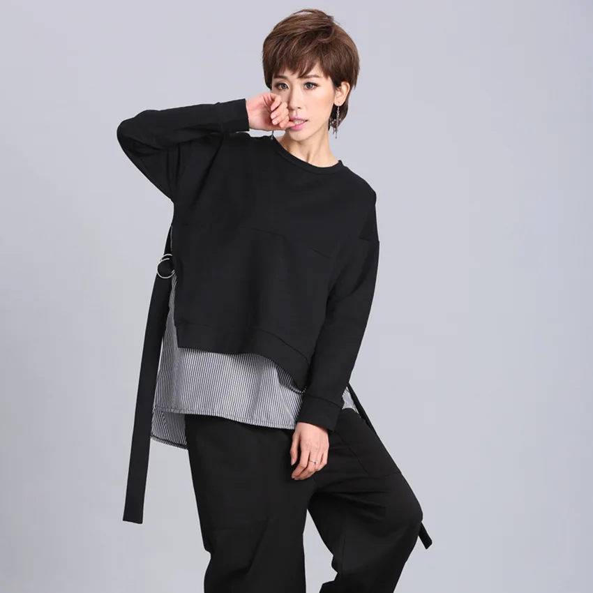 Весна осень новая индивидуальность женская Европейская американская уличная полосатая строчка с длинными рукавами Свободная футболка