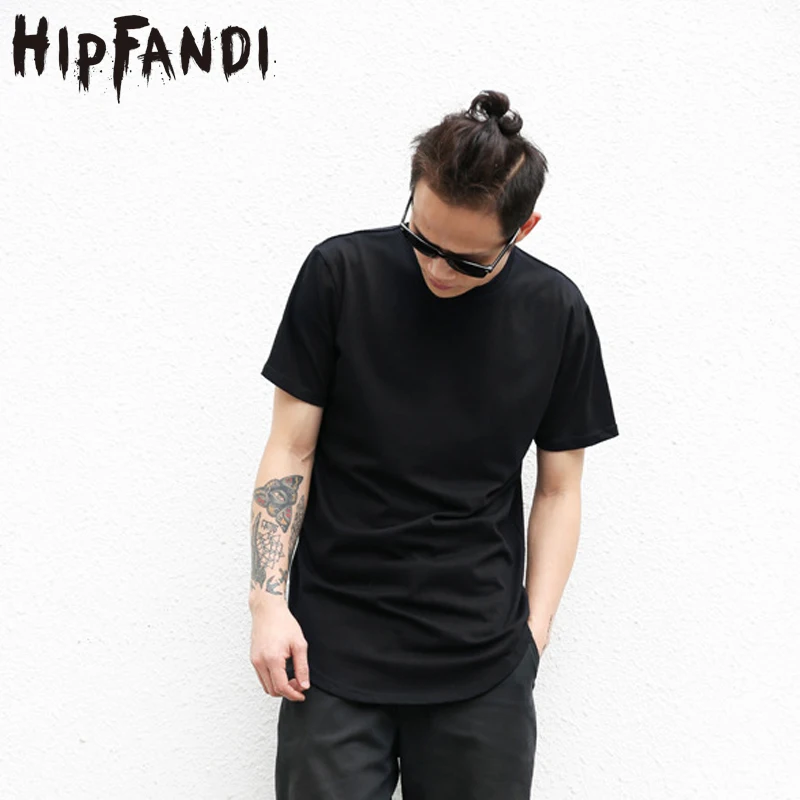 HIPFANDI Camisetas Cor Sólida Bainha Curva Longa Linha Camuflagem dos homens 2017 Verão Hop T-shirt Kanye Elong Simples Camisetas