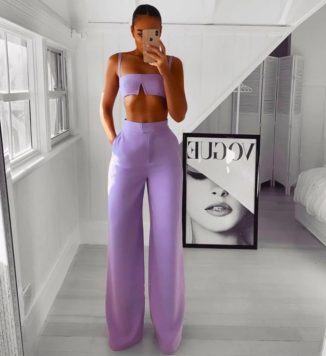 

Purple Women Set Two Pieces Top And Pants Sexy Party Club Evening Suits