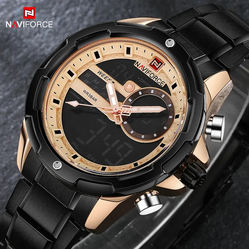 Часы NAVIFORCE мужские спортивные цифровые водонепроницаемые стальные светодиодные