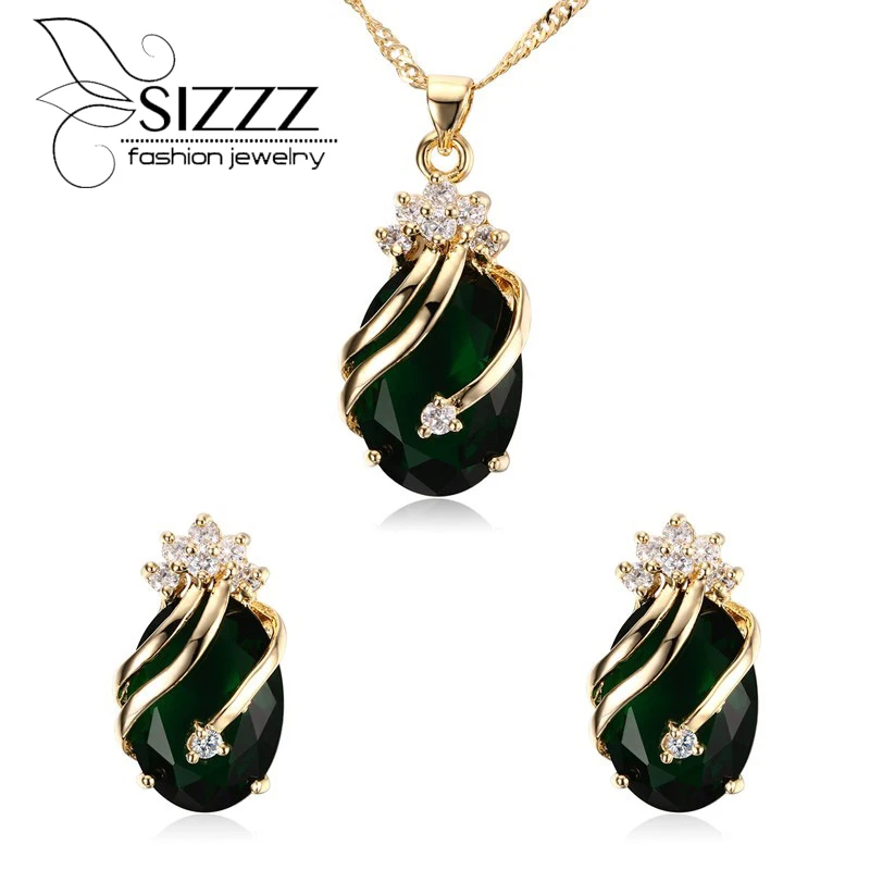 

2017 Women's Jewelry Sets Drops Design Green Rhinestone Necklace And Earrings Set for Ladies Party