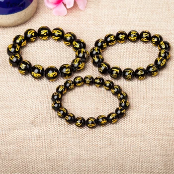 

Hot Sale Natural Onyx Stone Bracelet Om Mani Padme Hum Beads Black Agates Stone Bracelets Lucky Women Men Jewelry Accessories