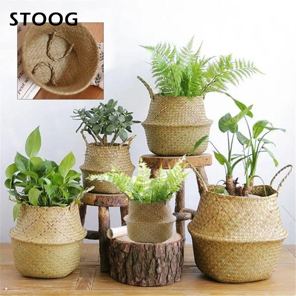 

Creative Primary Color Handle Bag Straw Woven Storage Laundry Basket Organizer Plant Flower Pot Eco-Friendly Home Decoration