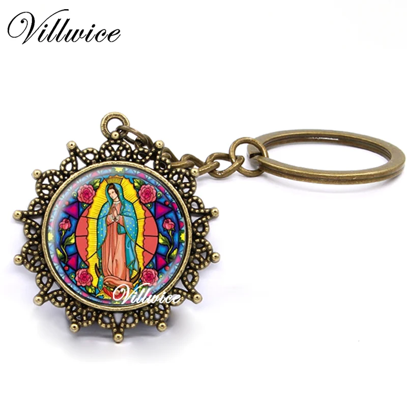 

New 2017 Our Lady of Guadalupe Key Chains Virgin Mary Sacred Heart Religious Stained Jewelry For Women men gift