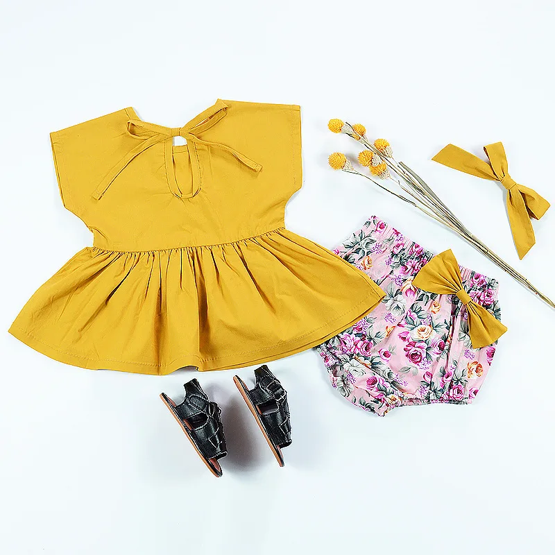 New Baby girls yellow cute Dress cotton Princess Dresses baby kids