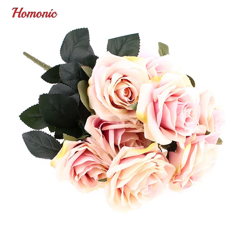 10 Head French Real Touch Silk Roses Flower Bouquet Wedding Decor Dark Pink