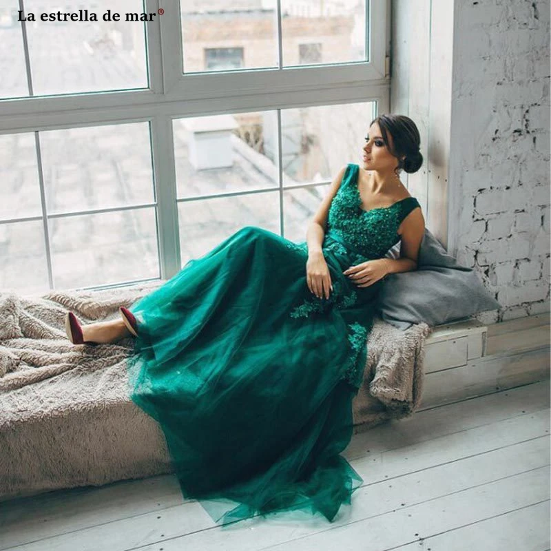 Vestido verde esmeralda 2021 Новый тюль с бисером сексуальный V образный вырез трапециевидная