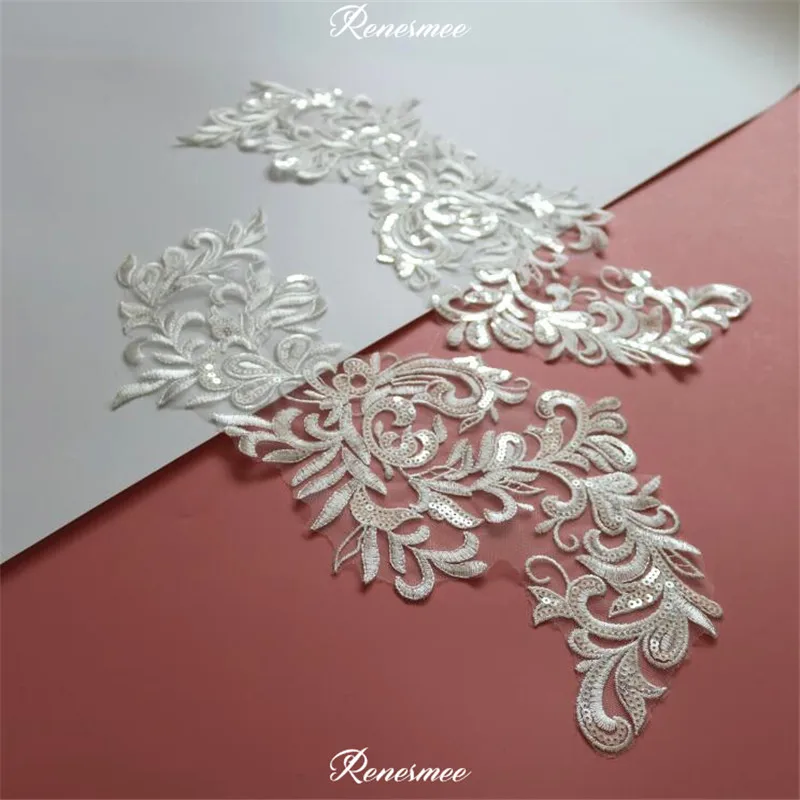 

1Pair/ 2pcs Ivory Sequins Embroidered Lace Applique Trim Sewing Collar for Wedding Dress DIY Costume Show 38X18.5cm SX382