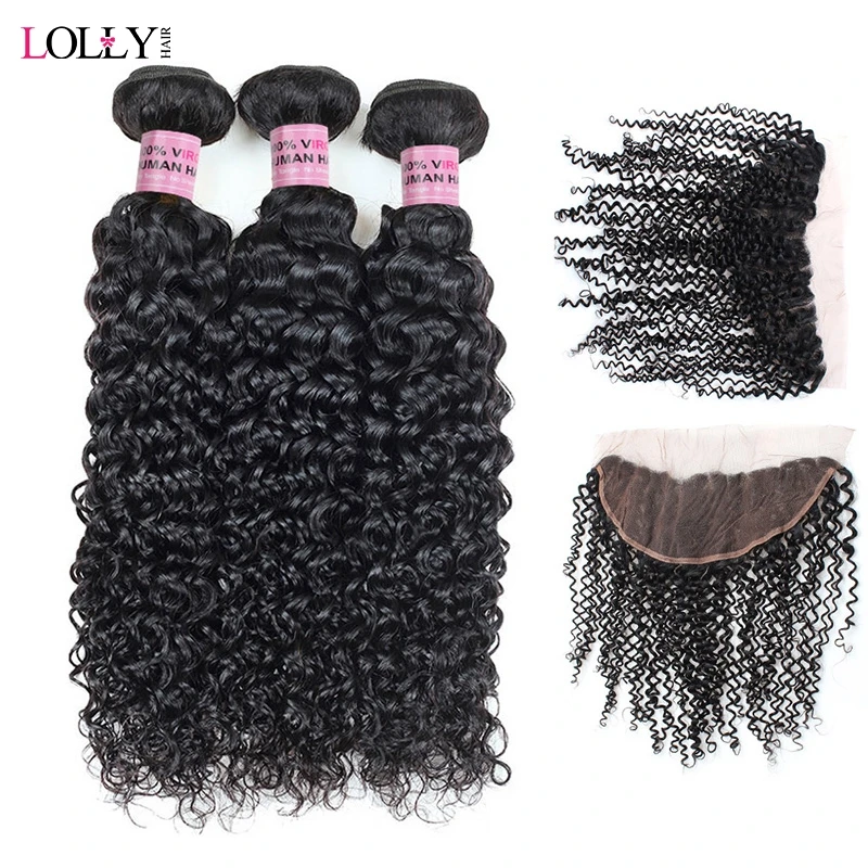 Lolly Curly Human Hair Weave Bundles With Frontal Remy Hair Extensions Peruvian Hair Bundles With Frontal Closure Ear To Ear