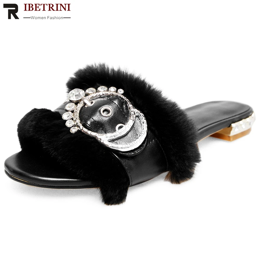 

RIBETRINI 2020 New Fashion Large Size 33-43 Open Toe Summer Slipper Woman Shoes Slip On Chunky Low Heels Black Pink Shoes Woman