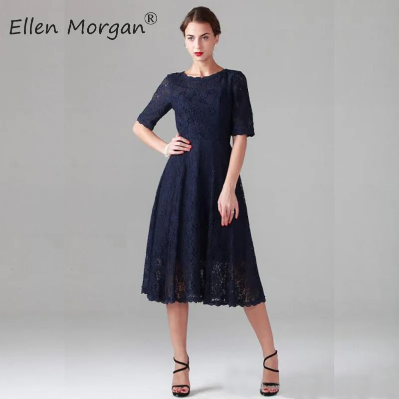 Navy Blue Lace Tea Length Mother of the Bridal Groom Dresses