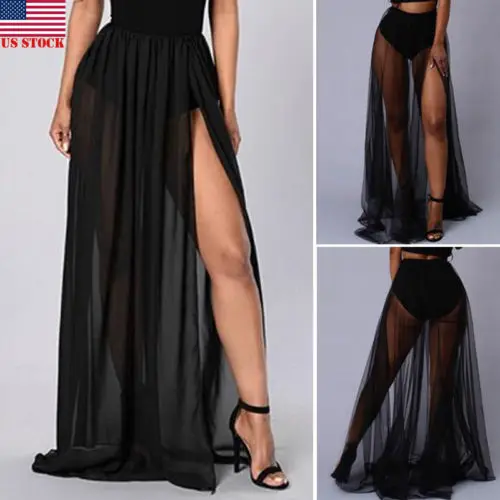 Women High Waist Mesh Skirts Empire See Through Sheer Side Split Skirt Solid Transparent Chiffon Maxi Long Skirt Summer 2019