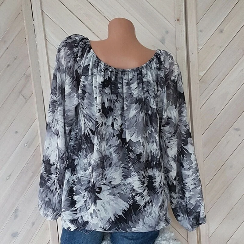 زائد حجم 5XL أعلى النساء البلوزات عارضة الشاطئ طويل كم قميص فضفاض الصيف Blusa أسود الحبر طباعة بلوزة الخامس الرقبة إمرأة الملابس