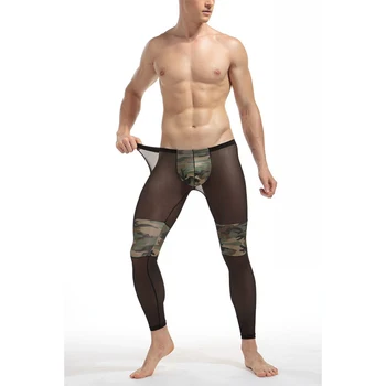 

Men's Fashion Sexy Transparent Camouflage Gay Underwear Soft Long John Tights Breathable Bodybuilding Mesh Pants Leggings