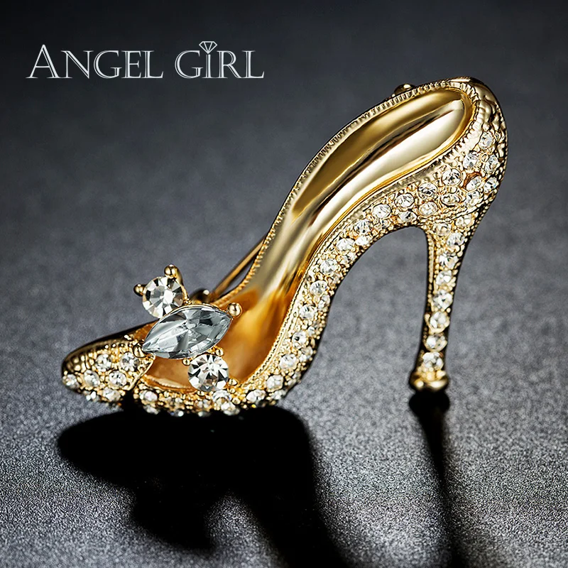 

Angel Girl Fashion Gold colour High-heeled shoes Brooch for women Paved AAA+ CZ Brooch Pin Luxury Jewelry Wedding gifts