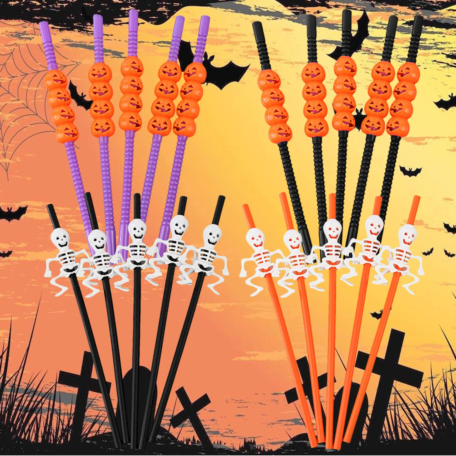 

Behogar 10PCS Pumpkin 10PCS Skeleton Halloween Party Disposable Colorful Plastic Drinking Straws for Cafe Restautant